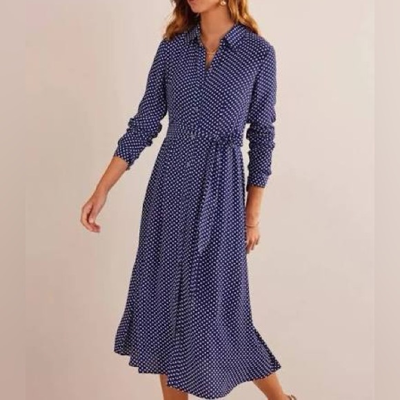 NWT Boden Navy Polka Dot Long Sleeve Shirt Dress - 4 Tall - Picture 1 of 16